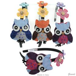 Cerchietto Raso Nero con Fiori e Gufo in Panno